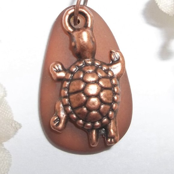 Copper and Brown Turtle Necklace Faux Beach Glass Vacation Wear Jewelry Set 7055 - Picture 4 of 12